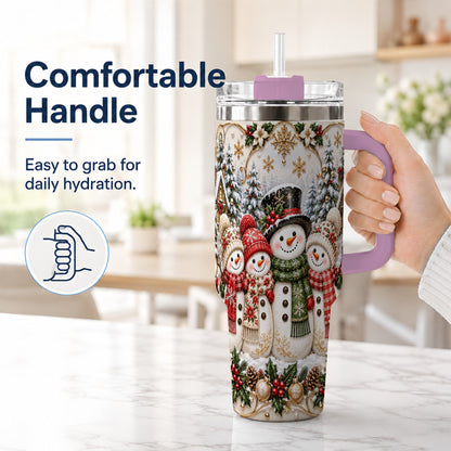 #pl[40oz|Pink] Elegant Snowman 40oz Tumbler, Golden Christmas Stainless Steel Travel Cup