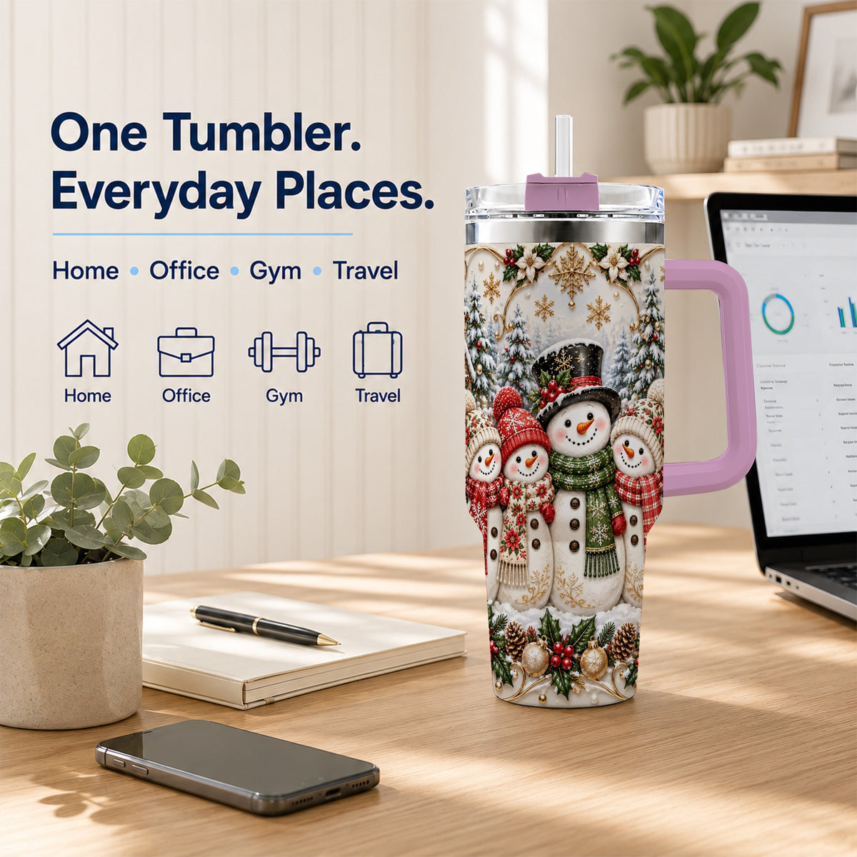 #pl[40oz|Pink] Elegant Snowman 40oz Tumbler, Golden Christmas Stainless Steel Travel Cup