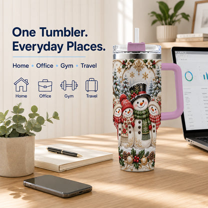 #pl[40oz|Pink] Elegant Snowman 40oz Tumbler, Golden Christmas Stainless Steel Travel Cup