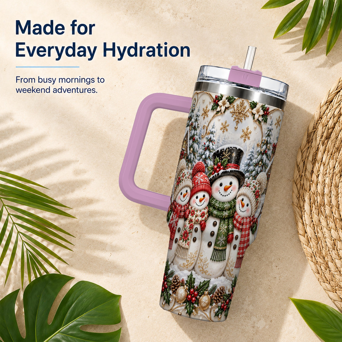 #pl[40oz|Pink] Elegant Snowman 40oz Tumbler, Golden Christmas Stainless Steel Travel Cup