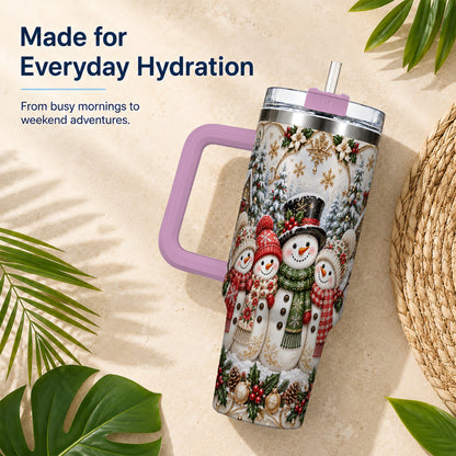 #pl[40oz|Pink] Elegant Snowman 40oz Tumbler, Golden Christmas Stainless Steel Travel Cup