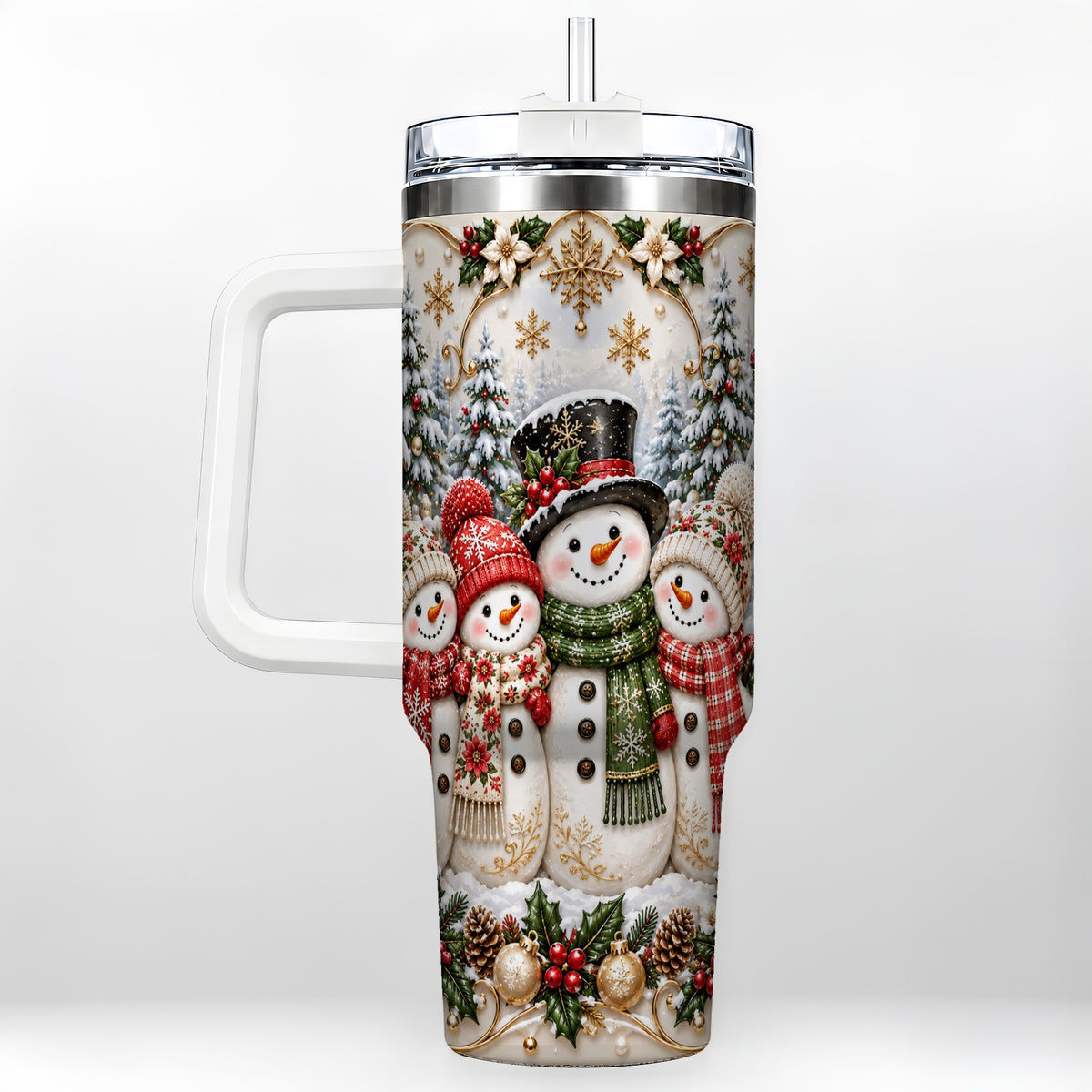 Elegant Snowman 40oz Tumbler, Golden Christmas Stainless Steel Travel Cup
