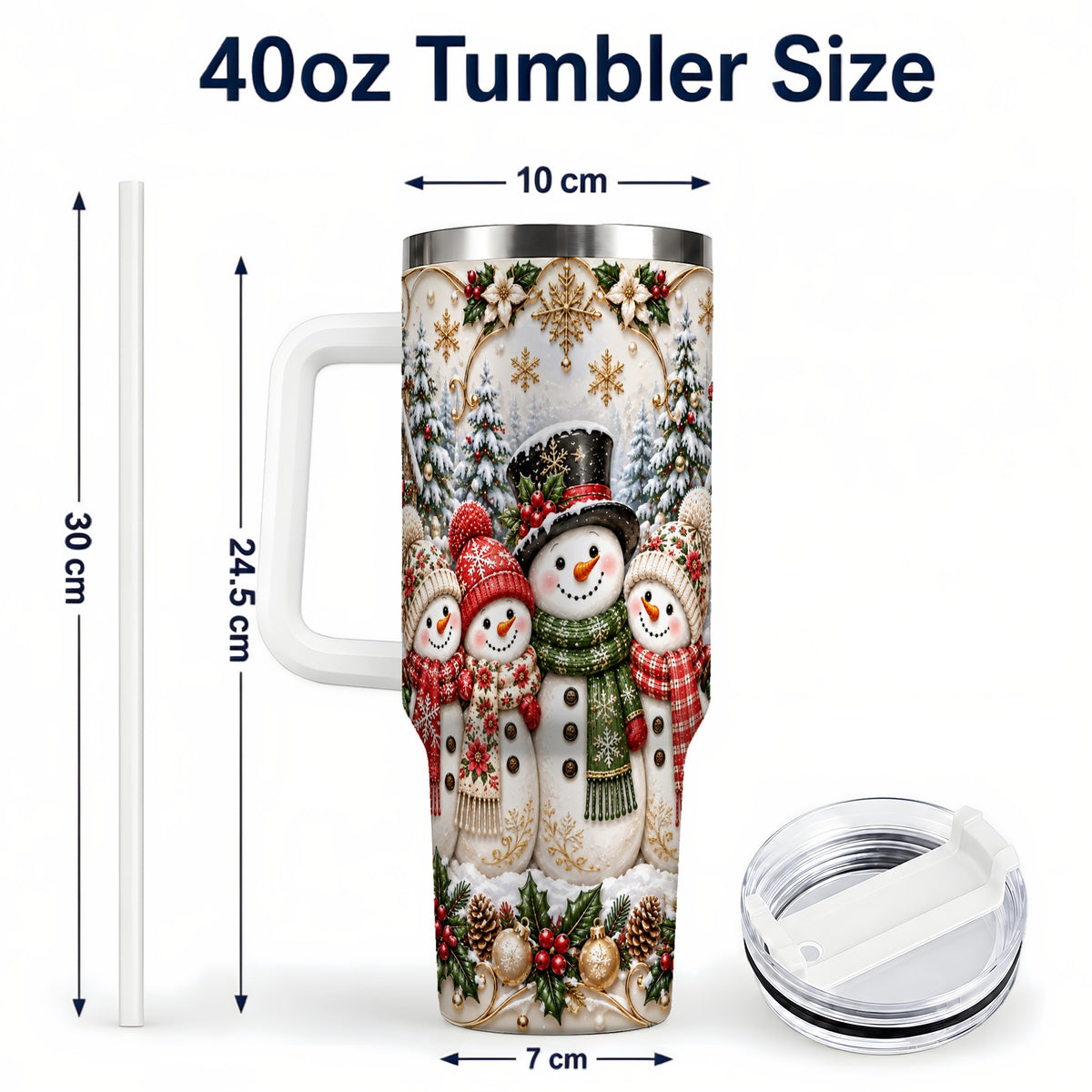 #pl[40oz|White] Elegant Snowman 40oz Tumbler, Golden Christmas Stainless Steel Travel Cup