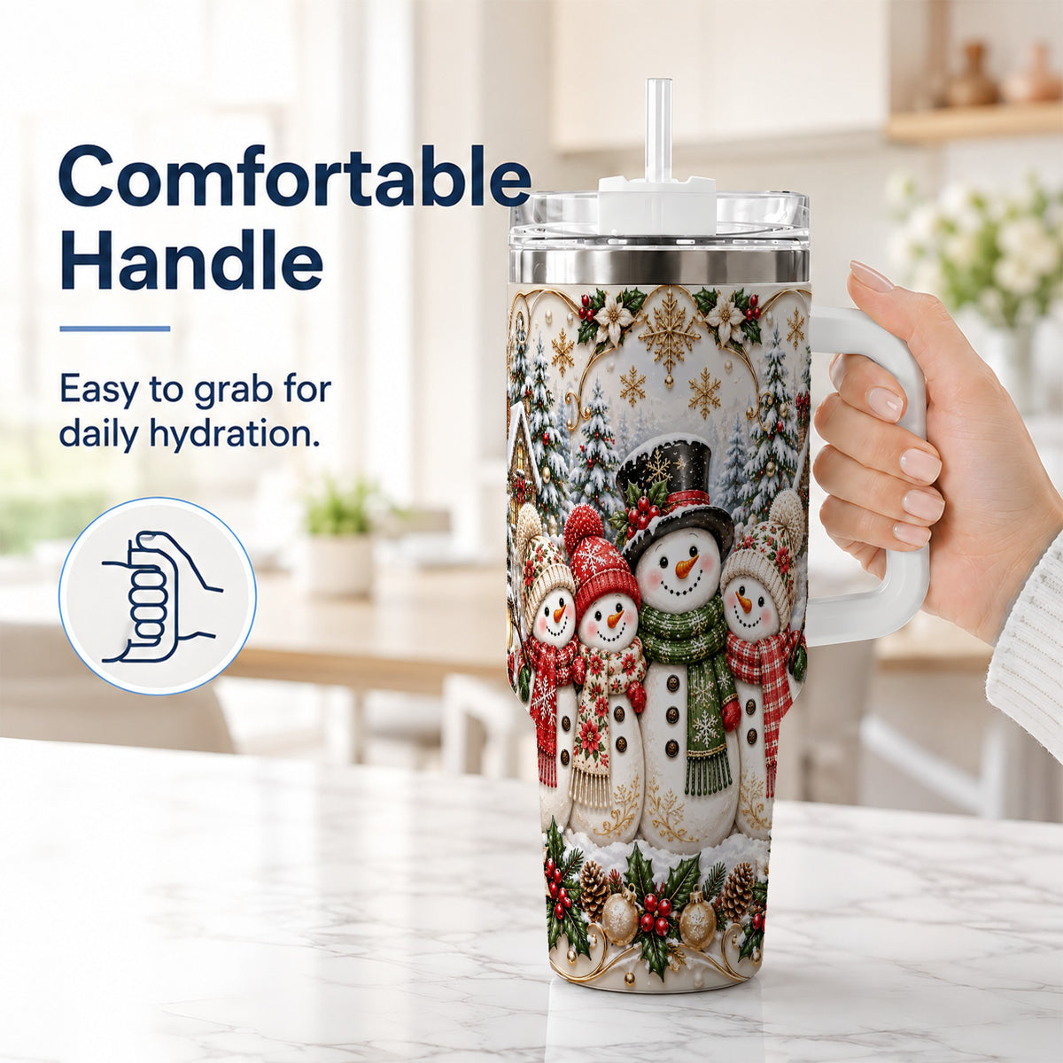 #pl[40oz|White] Elegant Snowman 40oz Tumbler, Golden Christmas Stainless Steel Travel Cup