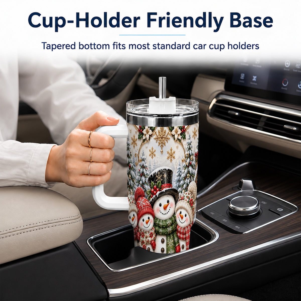 #pl[40oz|White] Elegant Snowman 40oz Tumbler, Golden Christmas Stainless Steel Travel Cup