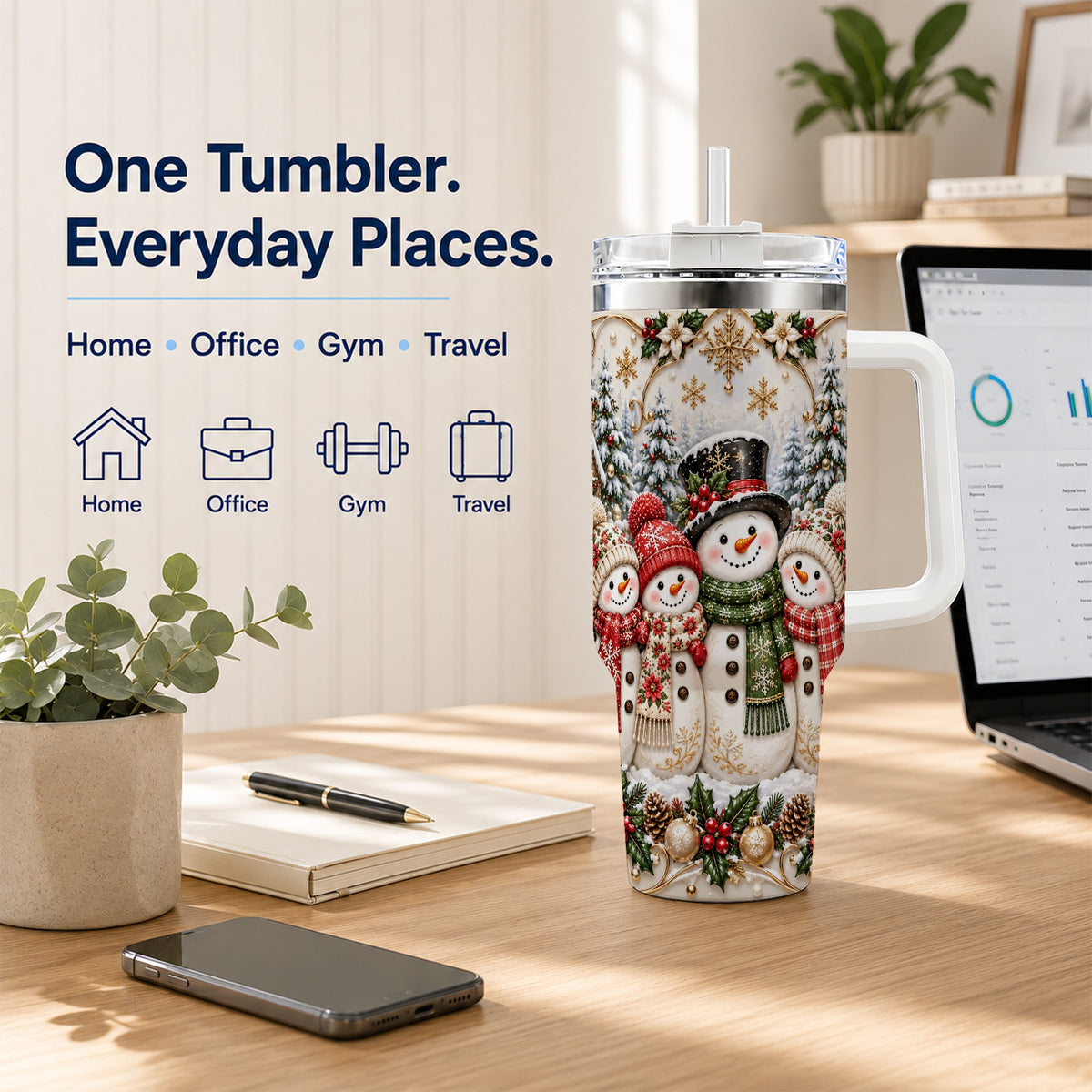 #pl[40oz|White] Elegant Snowman 40oz Tumbler, Golden Christmas Stainless Steel Travel Cup