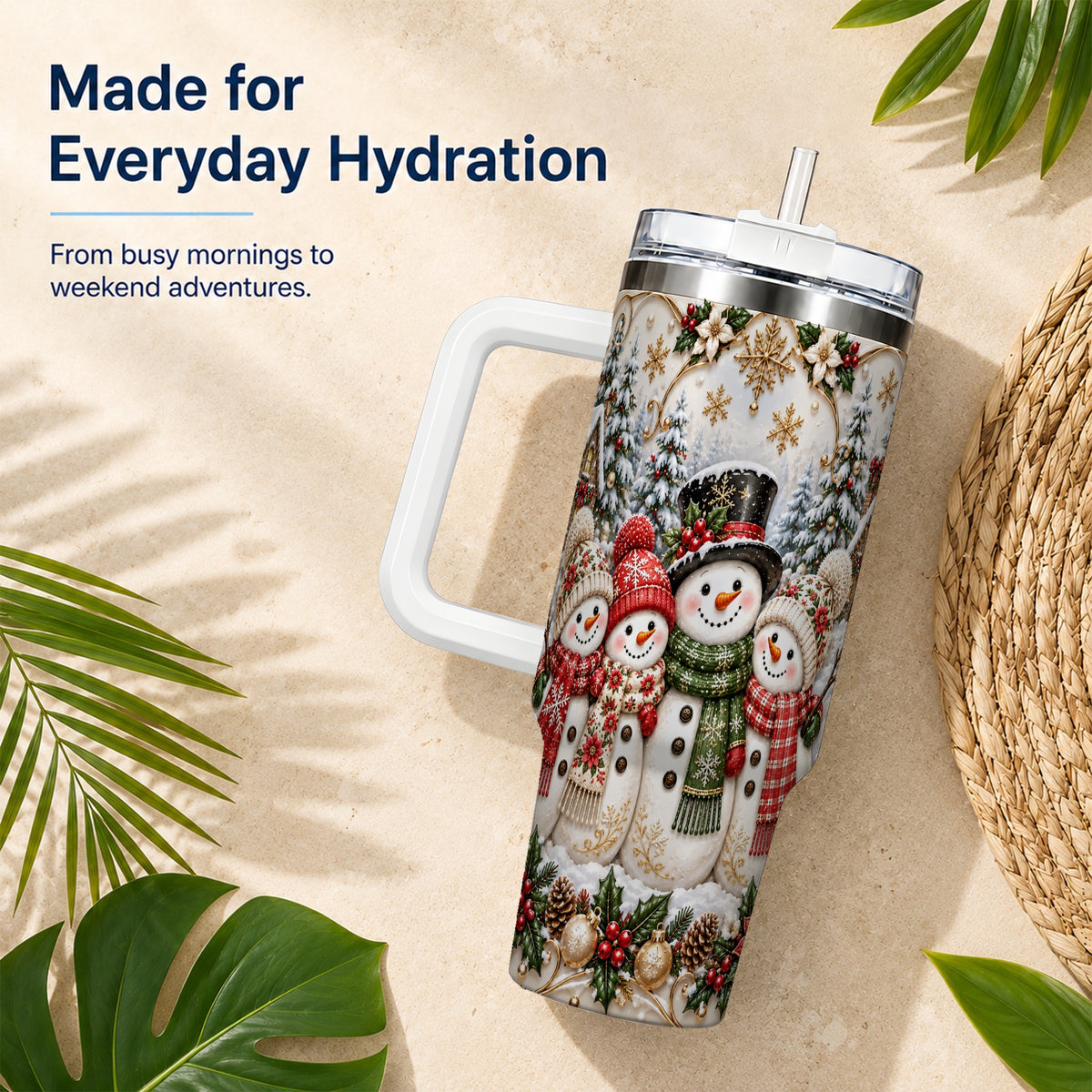 #pl[40oz|White] Elegant Snowman 40oz Tumbler, Golden Christmas Stainless Steel Travel Cup