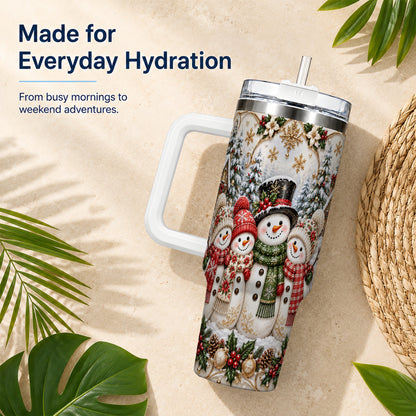 #pl[40oz|White] Elegant Snowman 40oz Tumbler, Golden Christmas Stainless Steel Travel Cup