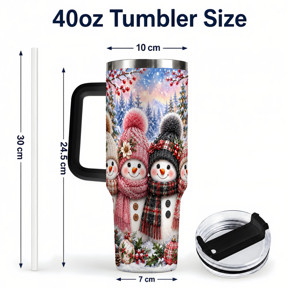 #pl[40oz|Black] Cozy Snowman 40oz Tumbler, Plaid Winter Friends Stainless Steel Travel Cup