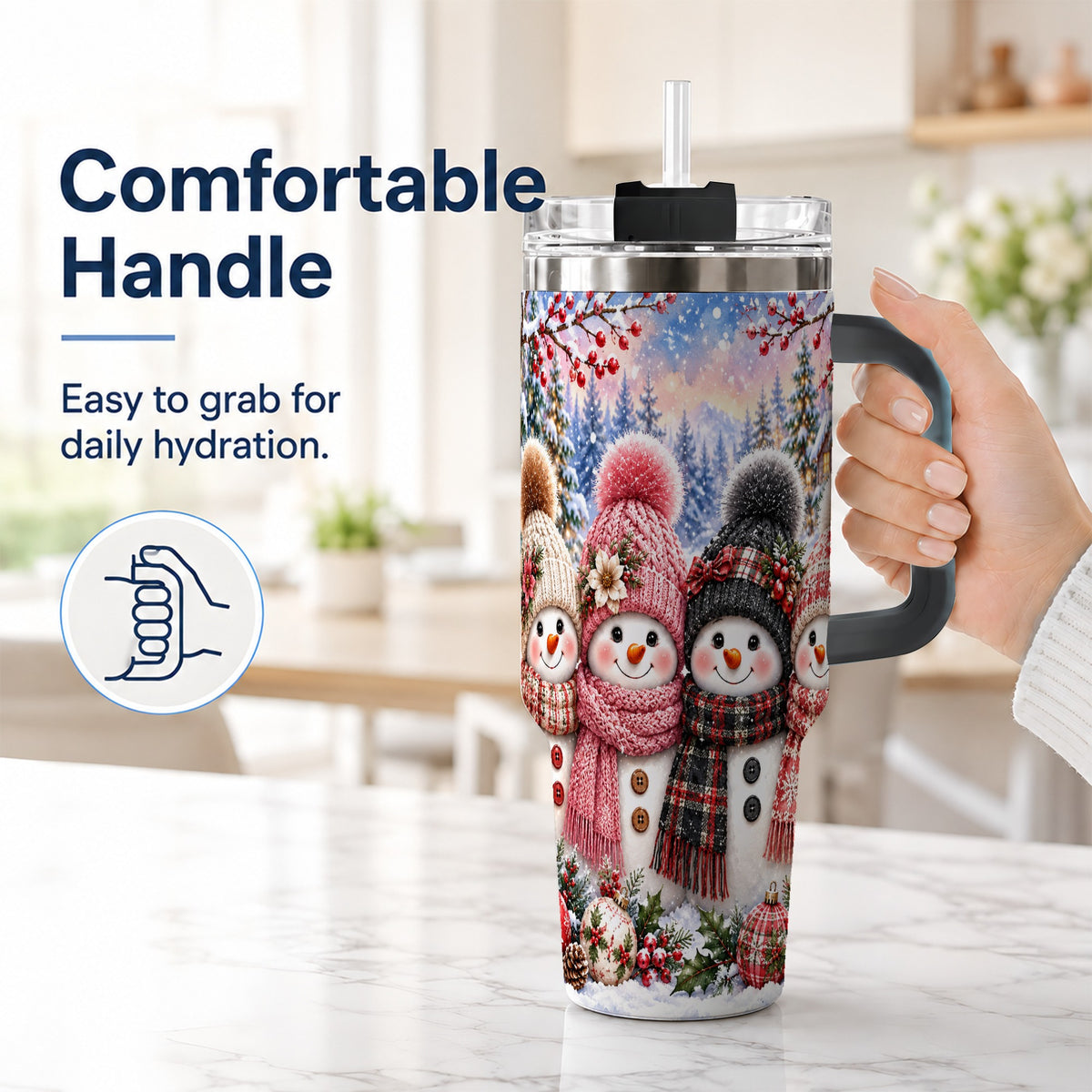 #pl[40oz|Black] Cozy Snowman 40oz Tumbler, Plaid Winter Friends Stainless Steel Travel Cup