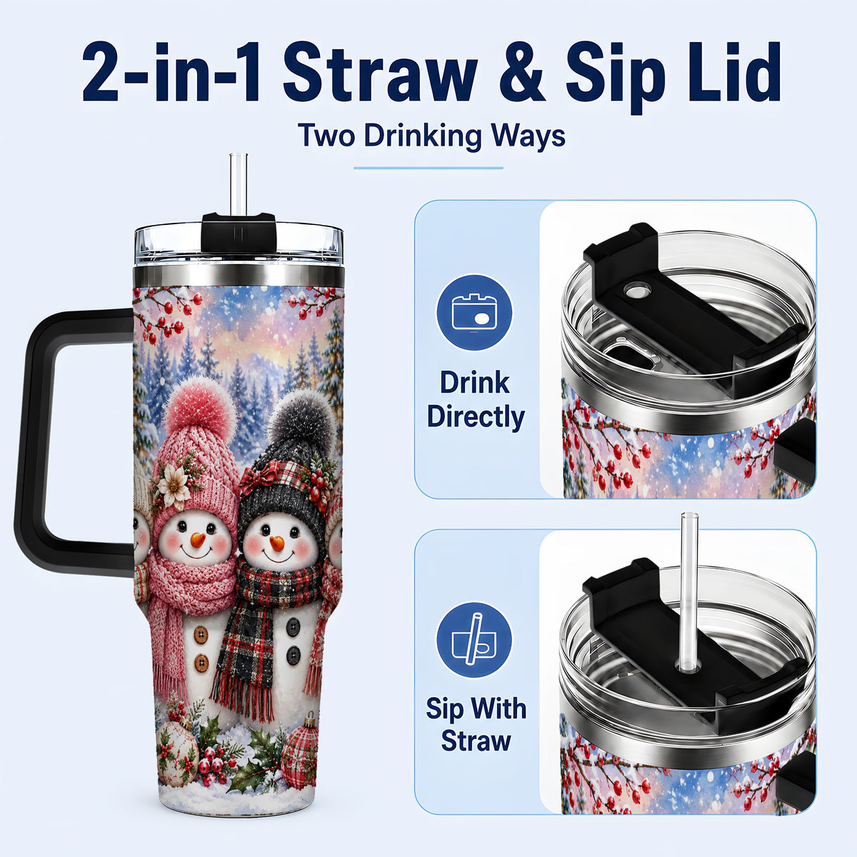 #pl[40oz|Black] Cozy Snowman 40oz Tumbler, Plaid Winter Friends Stainless Steel Travel Cup