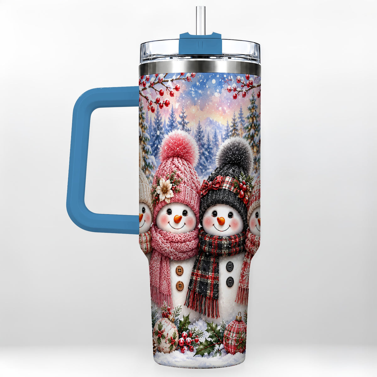 #pl[40oz|Blue] Cozy Snowman 40oz Tumbler, Plaid Winter Friends Stainless Steel Travel Cup