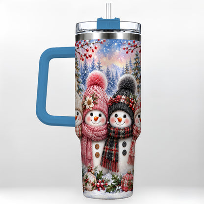 #pl[40oz|Blue] Cozy Snowman 40oz Tumbler, Plaid Winter Friends Stainless Steel Travel Cup