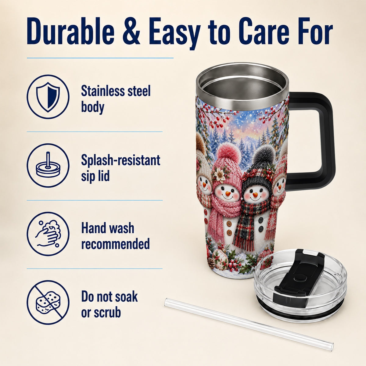 #pl[40oz|Black] Cozy Snowman 40oz Tumbler, Plaid Winter Friends Stainless Steel Travel Cup