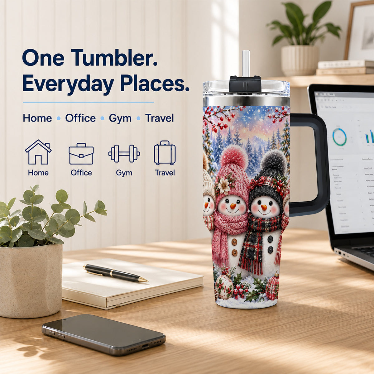 #pl[40oz|Black] Cozy Snowman 40oz Tumbler, Plaid Winter Friends Stainless Steel Travel Cup
