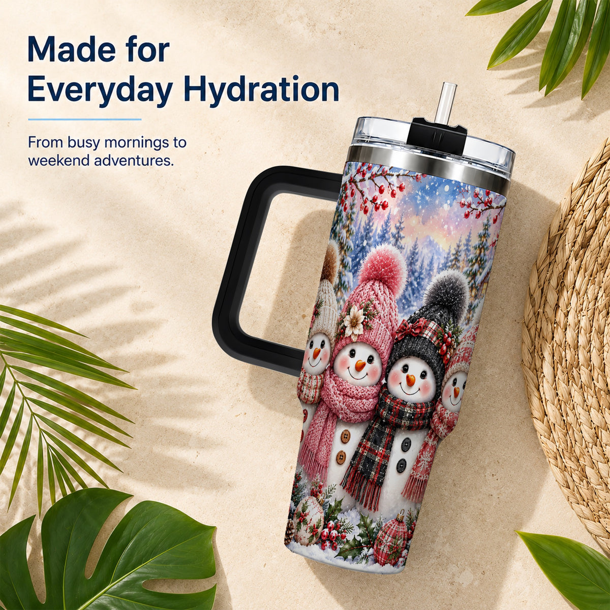#pl[40oz|Black] Cozy Snowman 40oz Tumbler, Plaid Winter Friends Stainless Steel Travel Cup