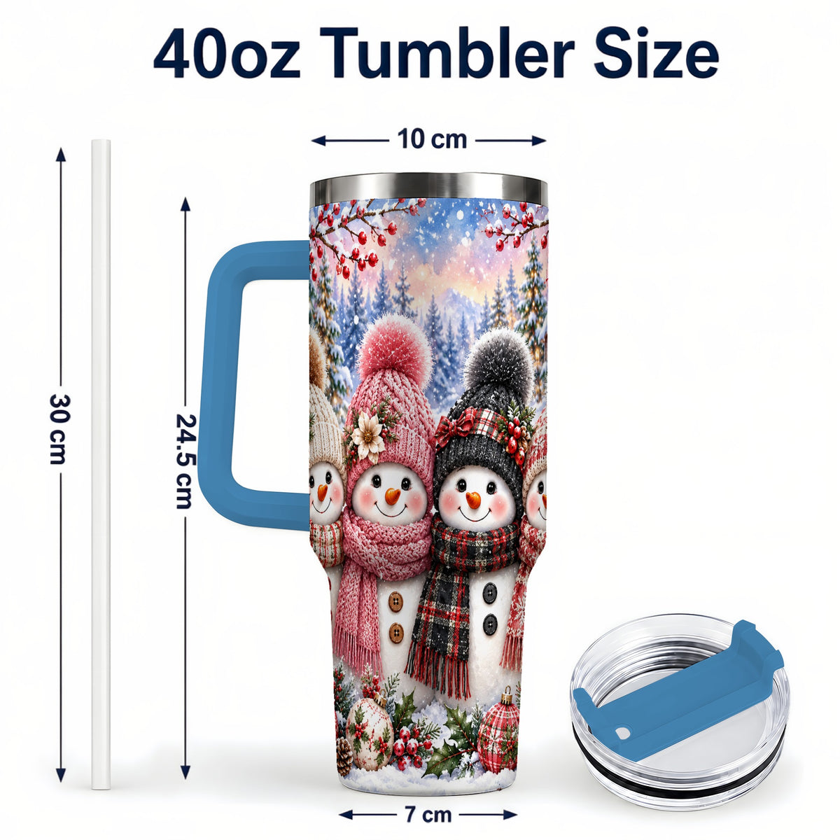 #pl[40oz|Blue] Cozy Snowman 40oz Tumbler, Plaid Winter Friends Stainless Steel Travel Cup