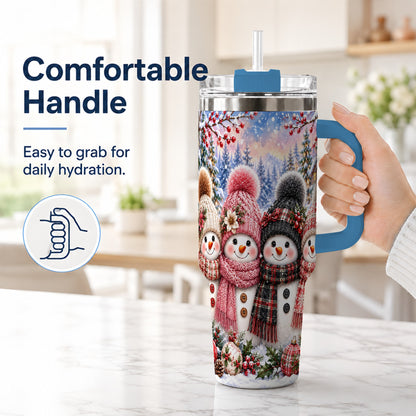 #pl[40oz|Blue] Cozy Snowman 40oz Tumbler, Plaid Winter Friends Stainless Steel Travel Cup