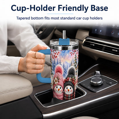 #pl[40oz|Blue] Cozy Snowman 40oz Tumbler, Plaid Winter Friends Stainless Steel Travel Cup