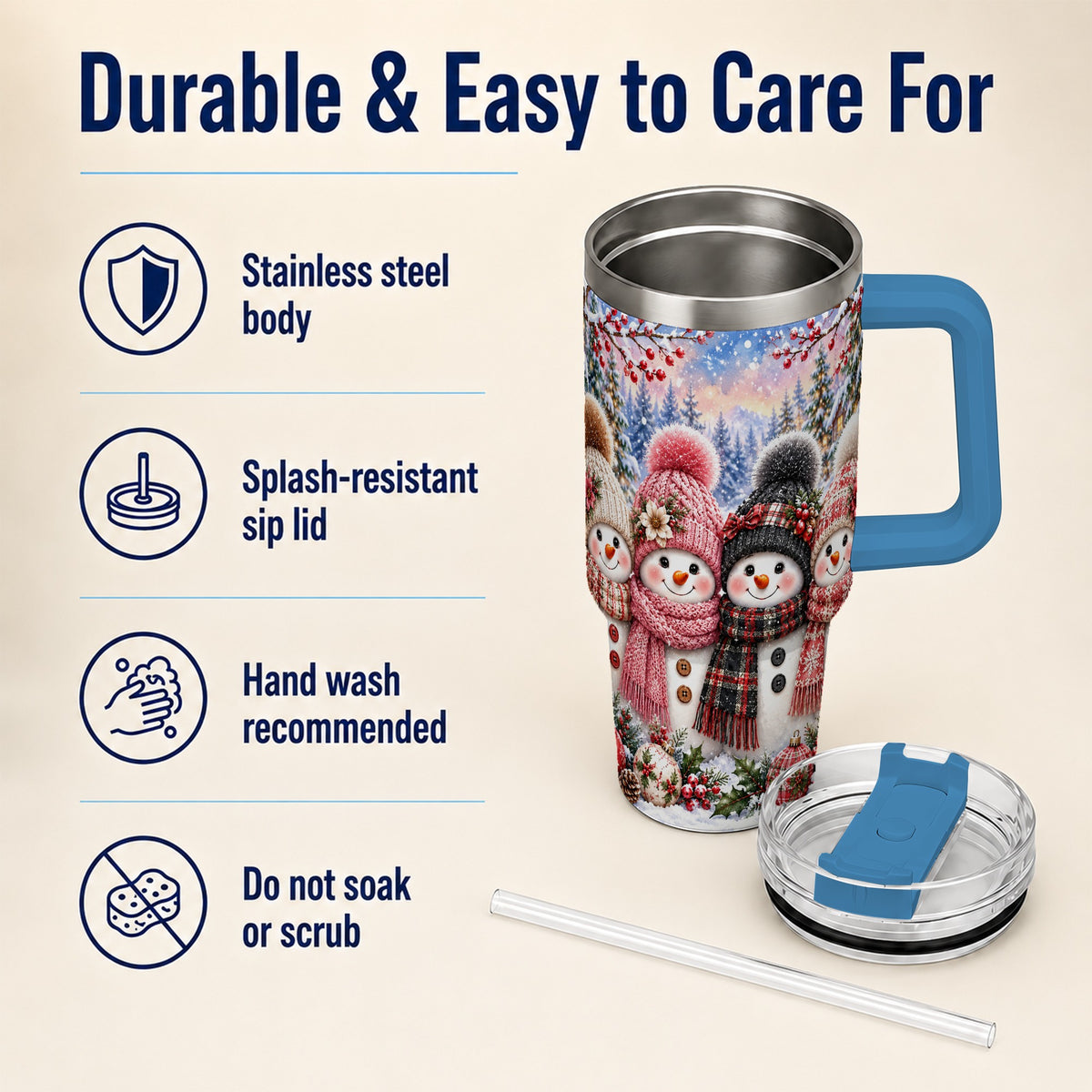 #pl[40oz|Blue] Cozy Snowman 40oz Tumbler, Plaid Winter Friends Stainless Steel Travel Cup