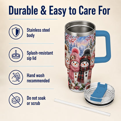 #pl[40oz|Blue] Cozy Snowman 40oz Tumbler, Plaid Winter Friends Stainless Steel Travel Cup