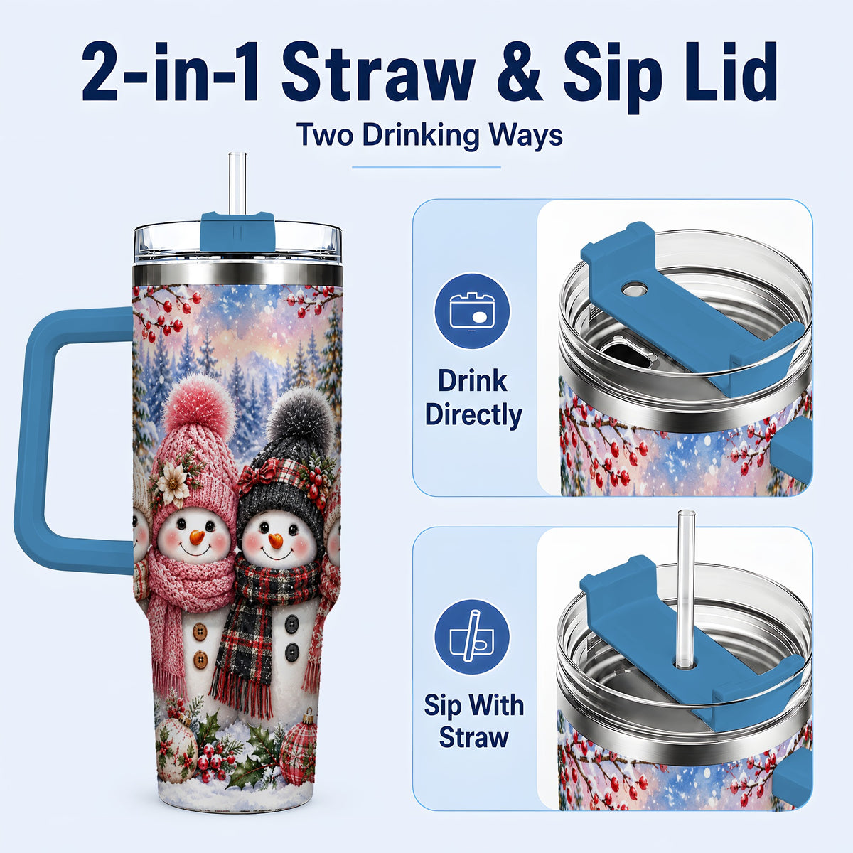 #pl[40oz|Blue] Cozy Snowman 40oz Tumbler, Plaid Winter Friends Stainless Steel Travel Cup