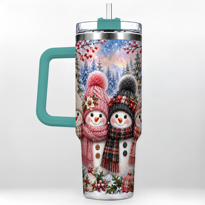 #pl[40oz|Green] Cozy Snowman 40oz Tumbler, Plaid Winter Friends Stainless Steel Travel Cup