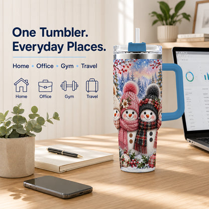 #pl[40oz|Blue] Cozy Snowman 40oz Tumbler, Plaid Winter Friends Stainless Steel Travel Cup