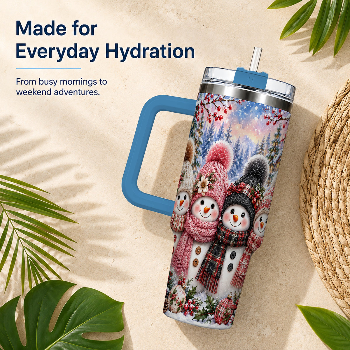 #pl[40oz|Blue] Cozy Snowman 40oz Tumbler, Plaid Winter Friends Stainless Steel Travel Cup