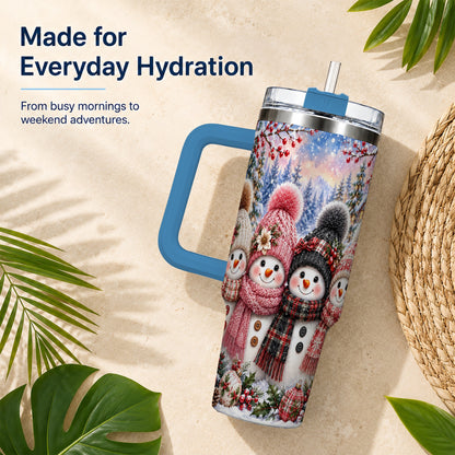 #pl[40oz|Blue] Cozy Snowman 40oz Tumbler, Plaid Winter Friends Stainless Steel Travel Cup