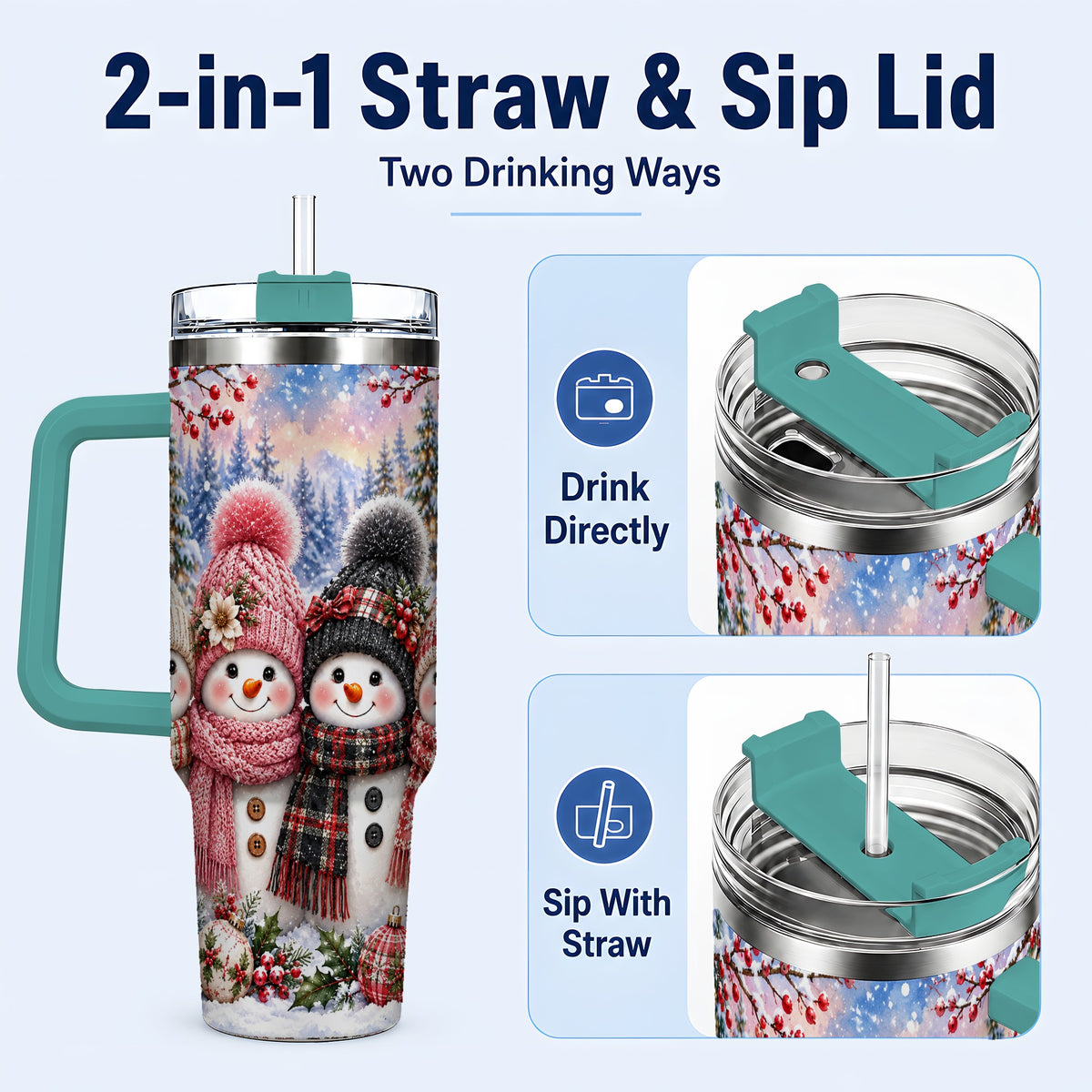 #pl[40oz|Green] Cozy Snowman 40oz Tumbler, Plaid Winter Friends Stainless Steel Travel Cup