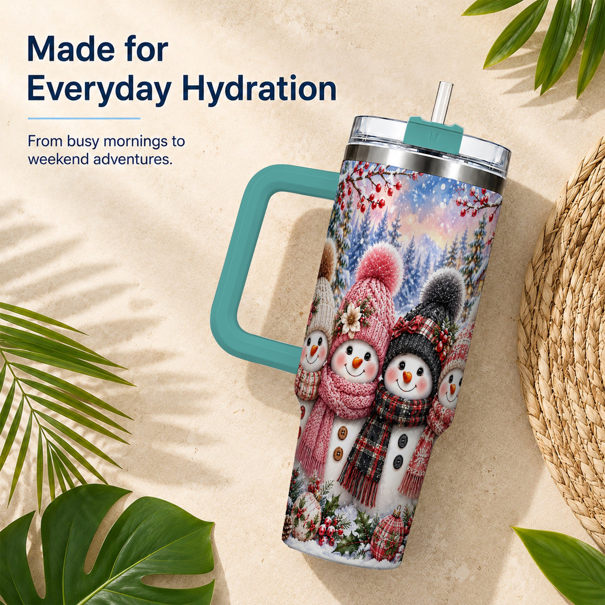 #pl[40oz|Green] Cozy Snowman 40oz Tumbler, Plaid Winter Friends Stainless Steel Travel Cup