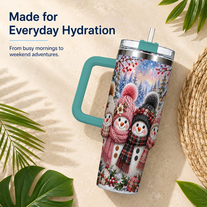 #pl[40oz|Green] Cozy Snowman 40oz Tumbler, Plaid Winter Friends Stainless Steel Travel Cup
