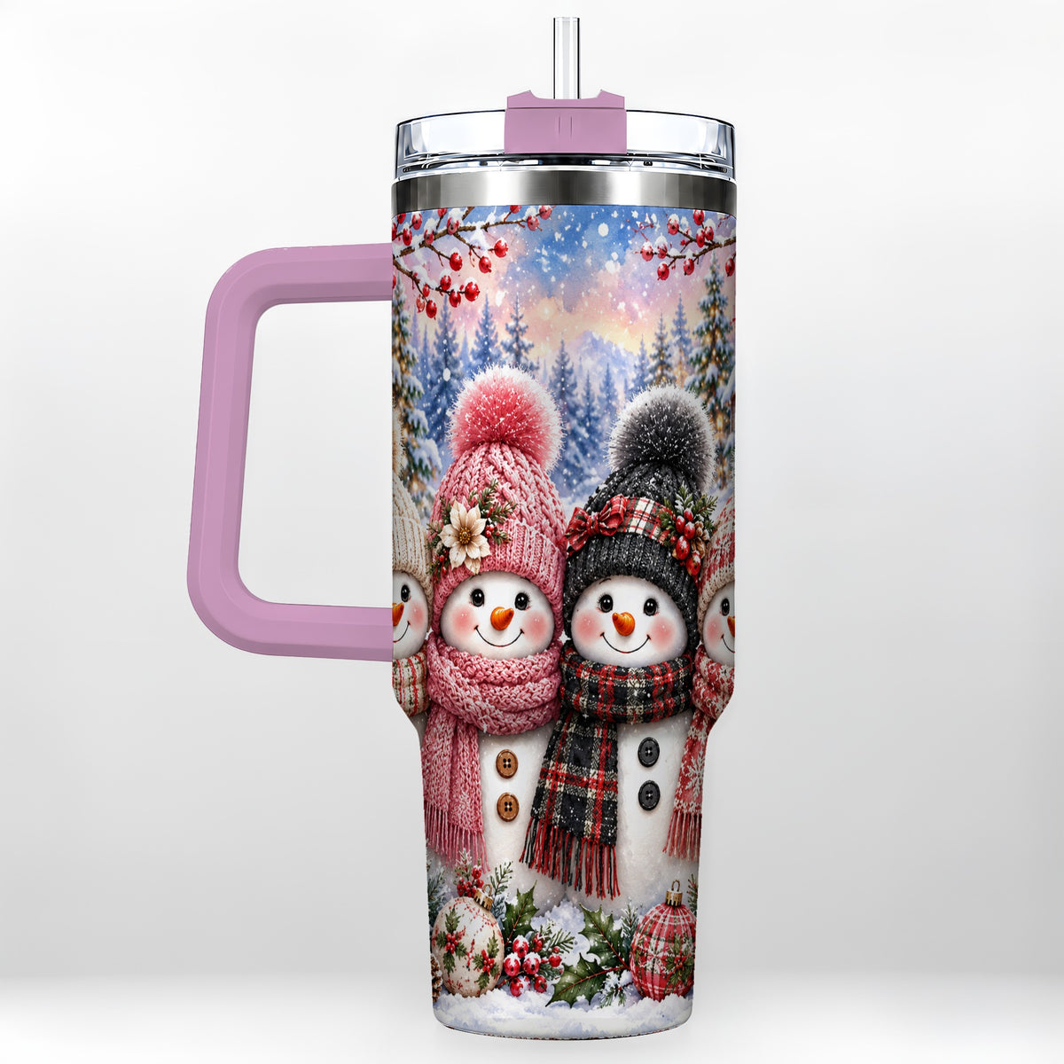 #pl[40oz|Pink] Cozy Snowman 40oz Tumbler, Plaid Winter Friends Stainless Steel Travel Cup