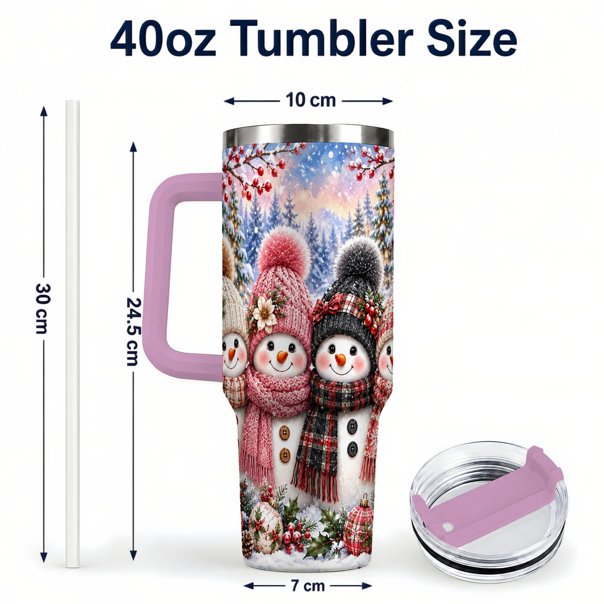 #pl[40oz|Pink] Cozy Snowman 40oz Tumbler, Plaid Winter Friends Stainless Steel Travel Cup