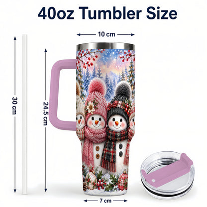 #pl[40oz|Pink] Cozy Snowman 40oz Tumbler, Plaid Winter Friends Stainless Steel Travel Cup