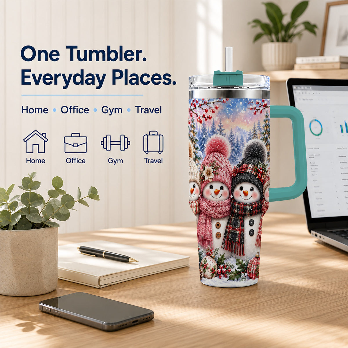 #pl[40oz|Green] Cozy Snowman 40oz Tumbler, Plaid Winter Friends Stainless Steel Travel Cup