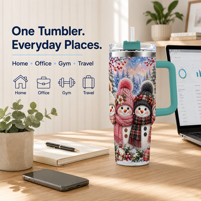 #pl[40oz|Green] Cozy Snowman 40oz Tumbler, Plaid Winter Friends Stainless Steel Travel Cup