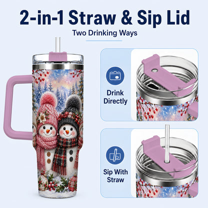 #pl[40oz|Pink] Cozy Snowman 40oz Tumbler, Plaid Winter Friends Stainless Steel Travel Cup