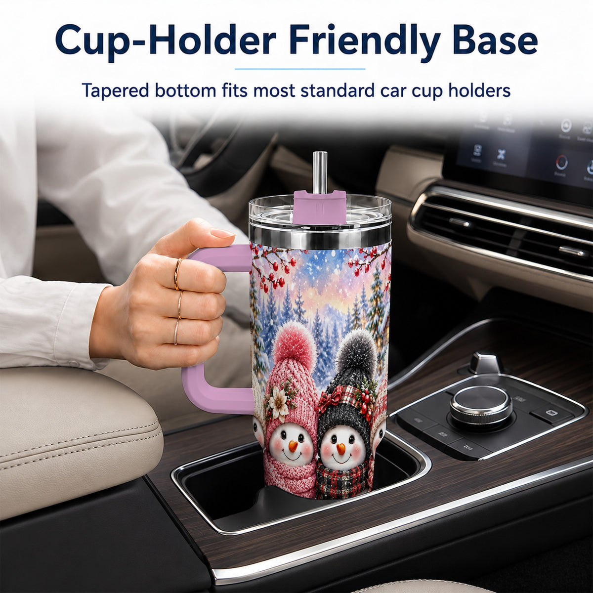 #pl[40oz|Pink] Cozy Snowman 40oz Tumbler, Plaid Winter Friends Stainless Steel Travel Cup