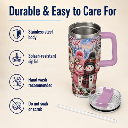 #pl[40oz|Pink] Cozy Snowman 40oz Tumbler, Plaid Winter Friends Stainless Steel Travel Cup