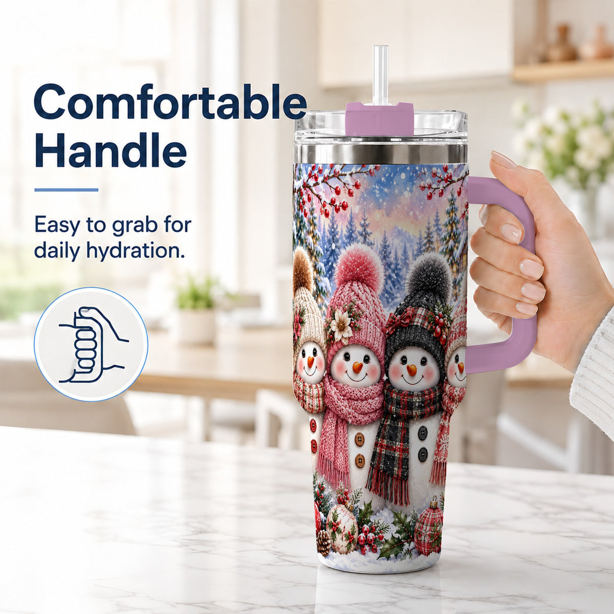#pl[40oz|Pink] Cozy Snowman 40oz Tumbler, Plaid Winter Friends Stainless Steel Travel Cup
