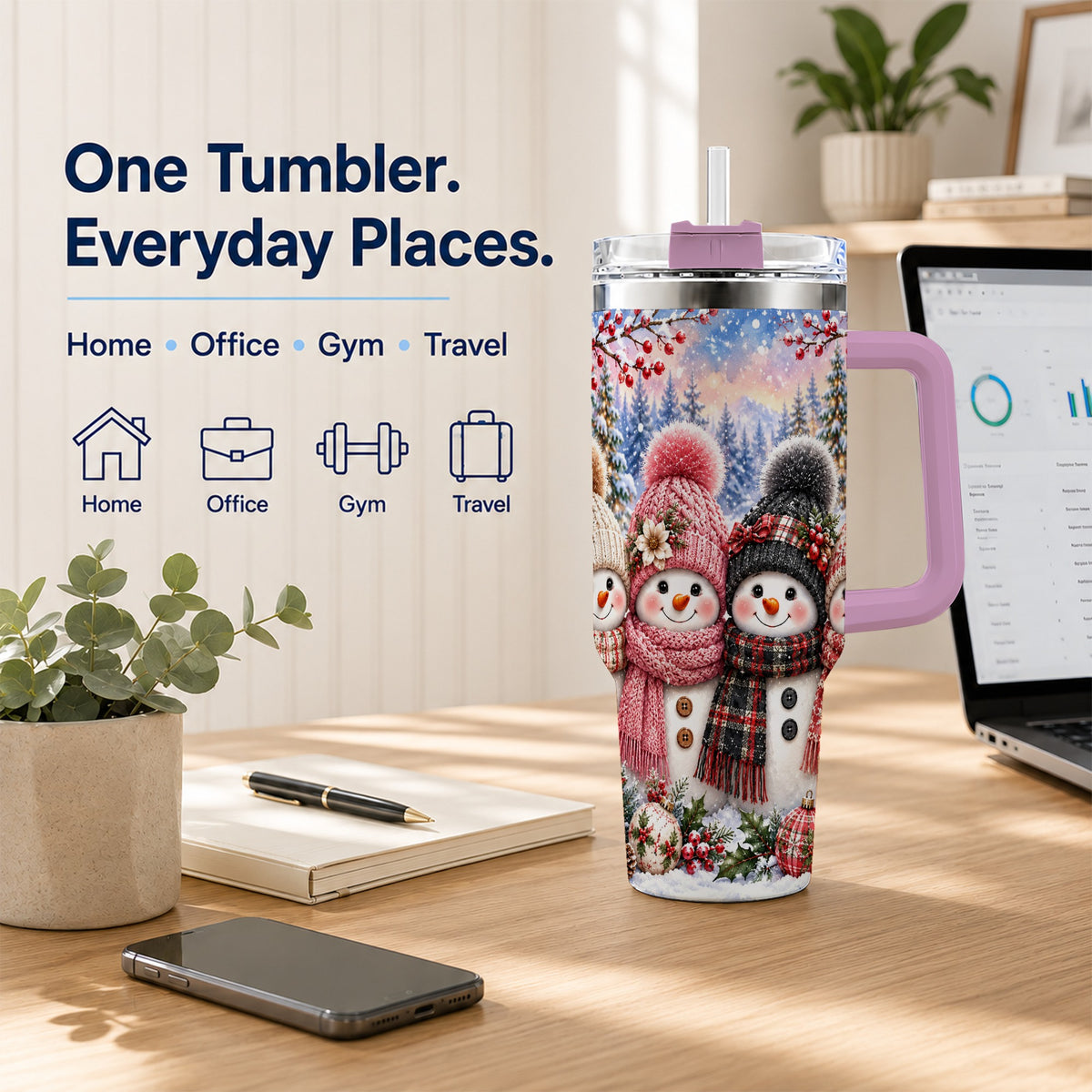 #pl[40oz|Pink] Cozy Snowman 40oz Tumbler, Plaid Winter Friends Stainless Steel Travel Cup