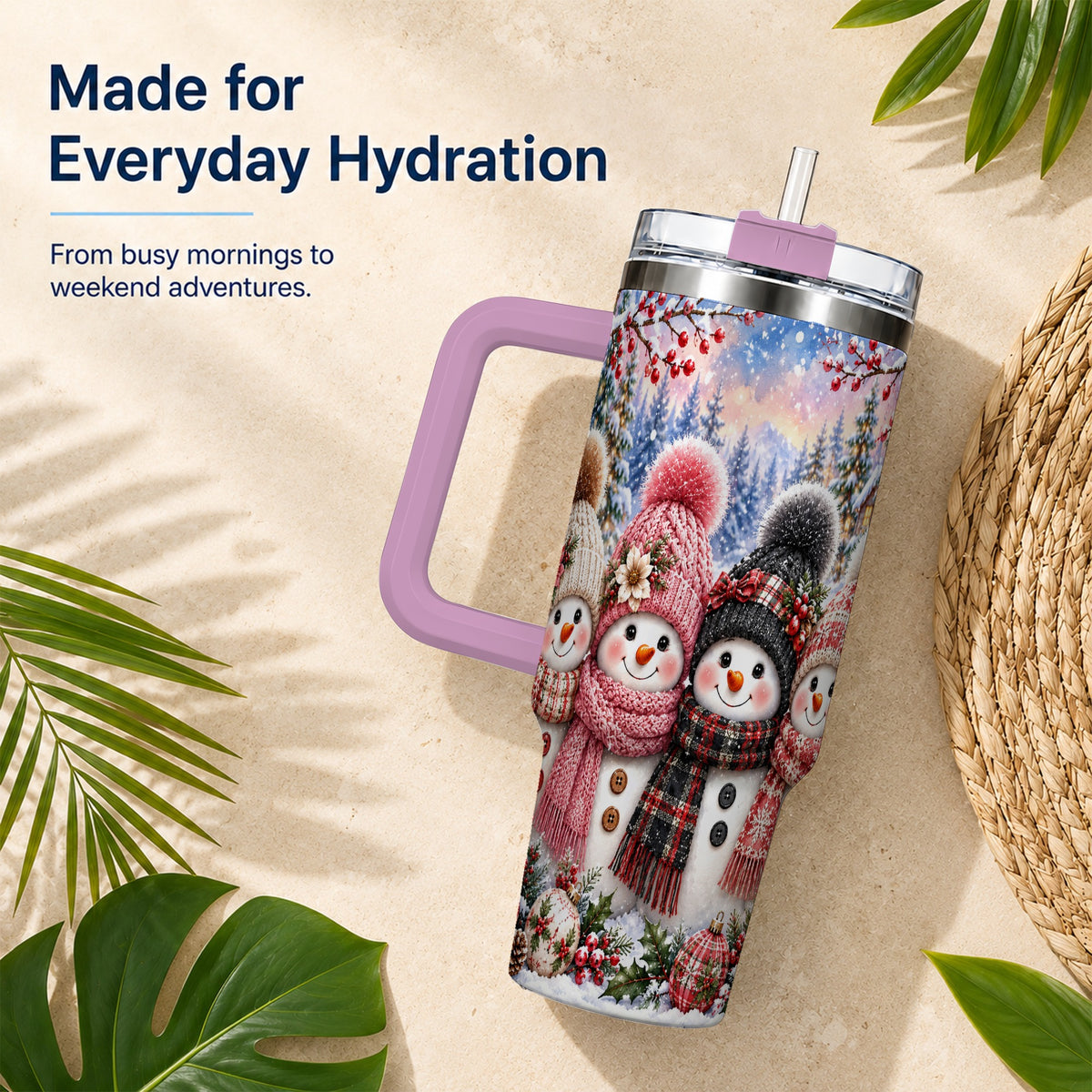 #pl[40oz|Pink] Cozy Snowman 40oz Tumbler, Plaid Winter Friends Stainless Steel Travel Cup