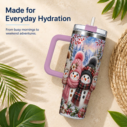 #pl[40oz|Pink] Cozy Snowman 40oz Tumbler, Plaid Winter Friends Stainless Steel Travel Cup