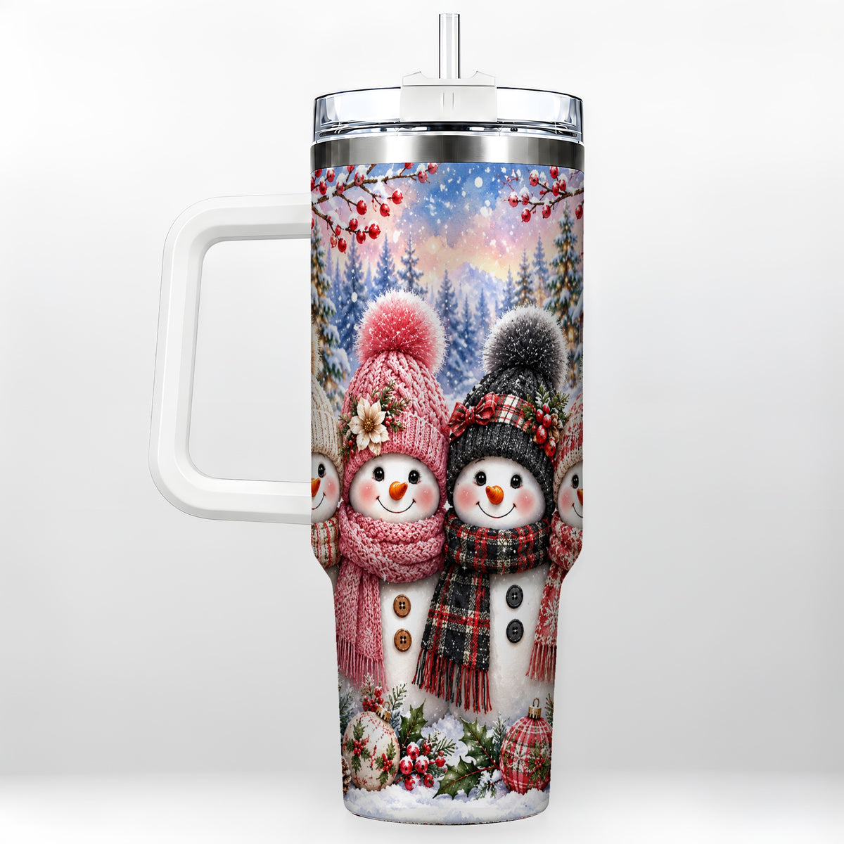 Cozy Snowman 40oz Tumbler, Plaid Winter Friends Stainless Steel Travel Cup