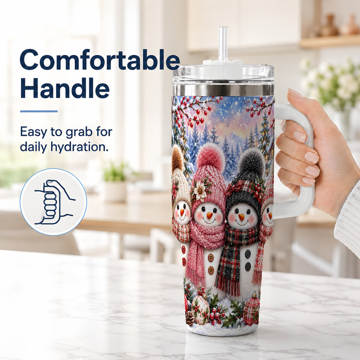 #pl[40oz|White] Cozy Snowman 40oz Tumbler, Plaid Winter Friends Stainless Steel Travel Cup