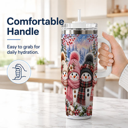 #pl[40oz|White] Cozy Snowman 40oz Tumbler, Plaid Winter Friends Stainless Steel Travel Cup