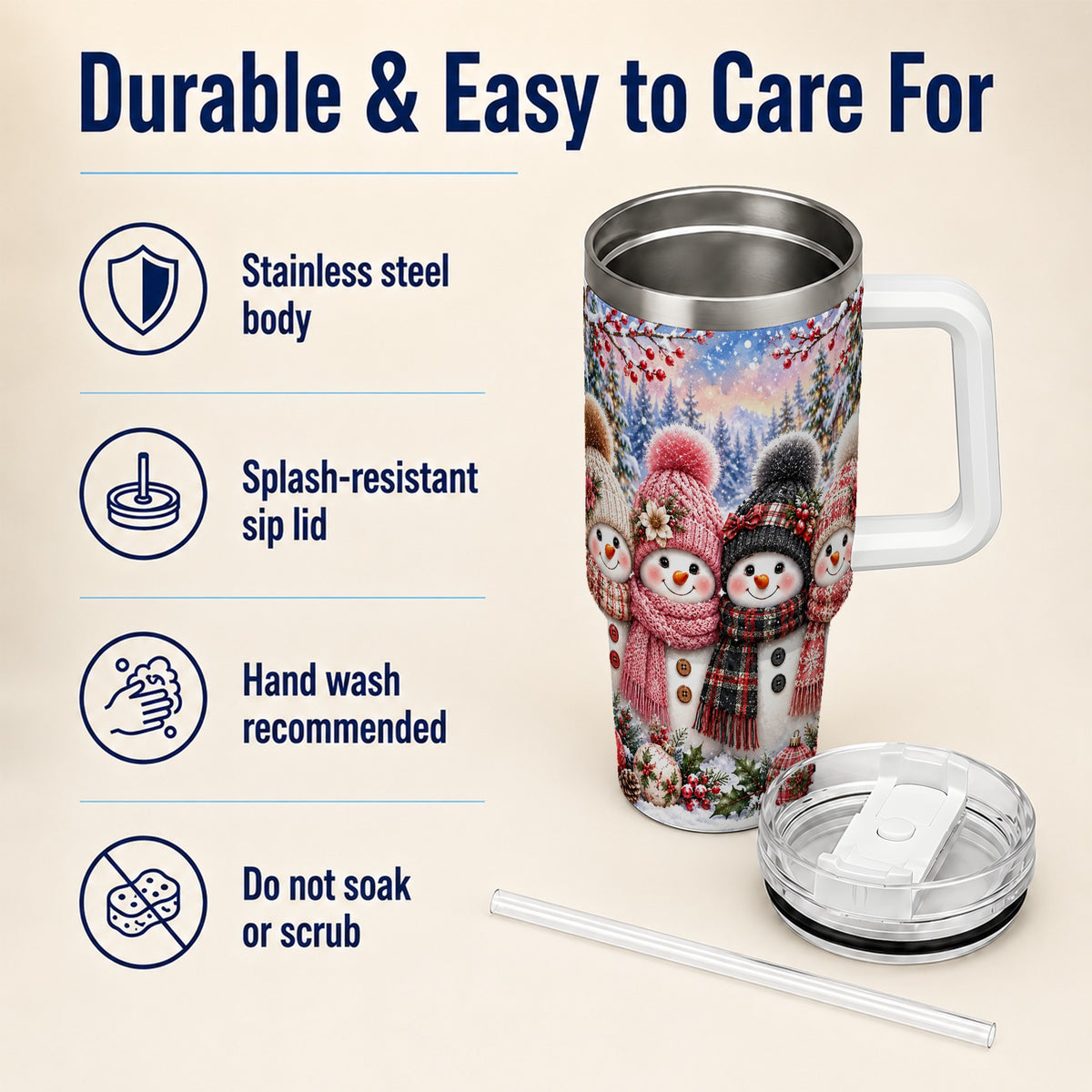 #pl[40oz|White] Cozy Snowman 40oz Tumbler, Plaid Winter Friends Stainless Steel Travel Cup