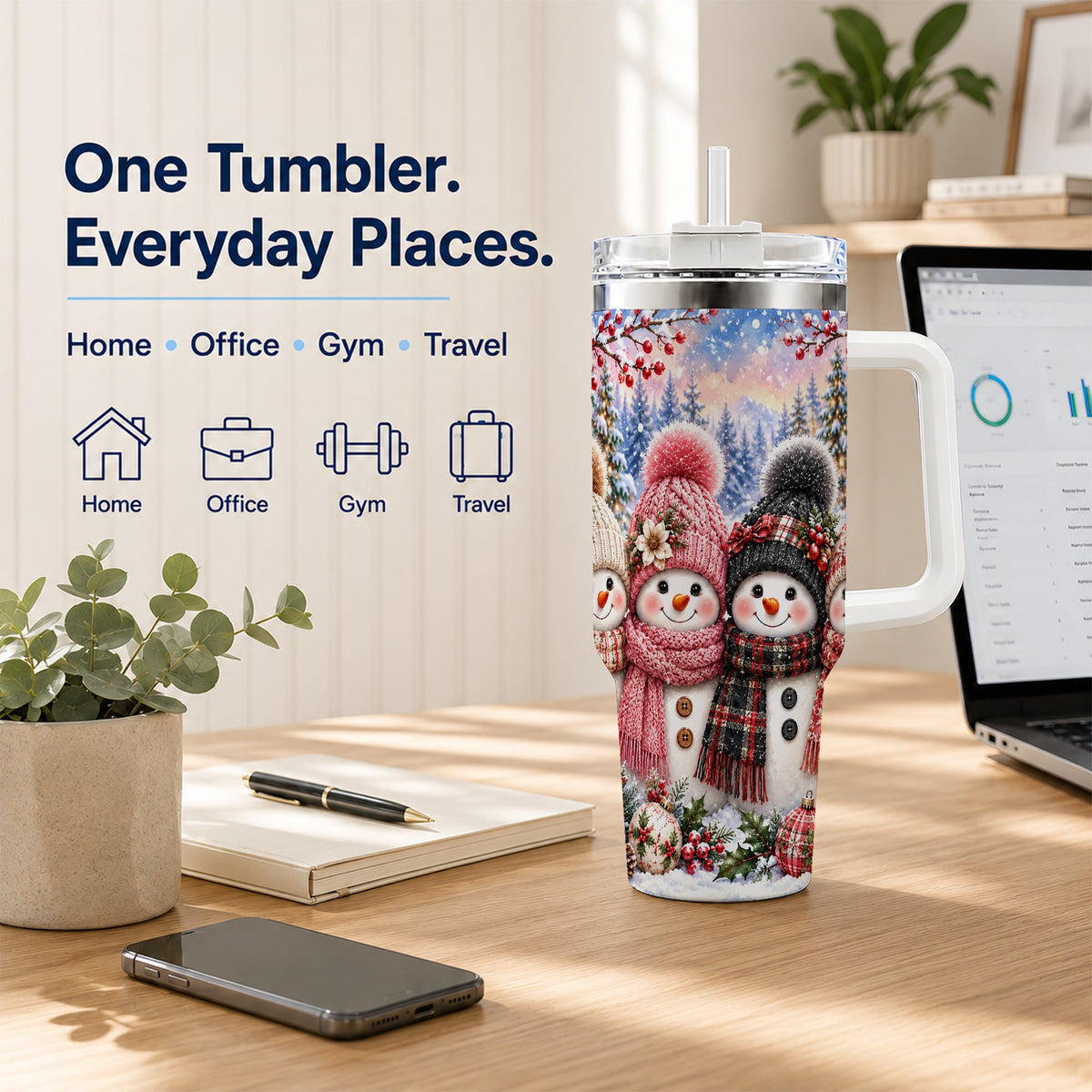 #pl[40oz|White] Cozy Snowman 40oz Tumbler, Plaid Winter Friends Stainless Steel Travel Cup